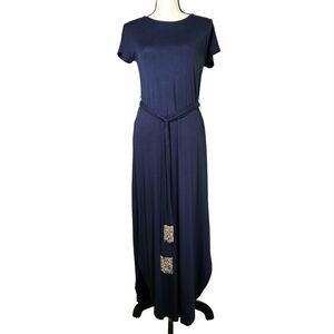 G by Guliana Dark Blue Maxi Dress With Beaded Belt, XXS